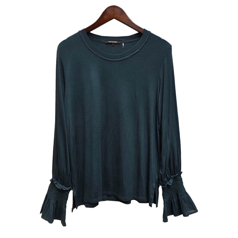 Kobi Halperin Blouse Womens M Emerald Green Smocked Bell Sleeve Ruffle Jersey